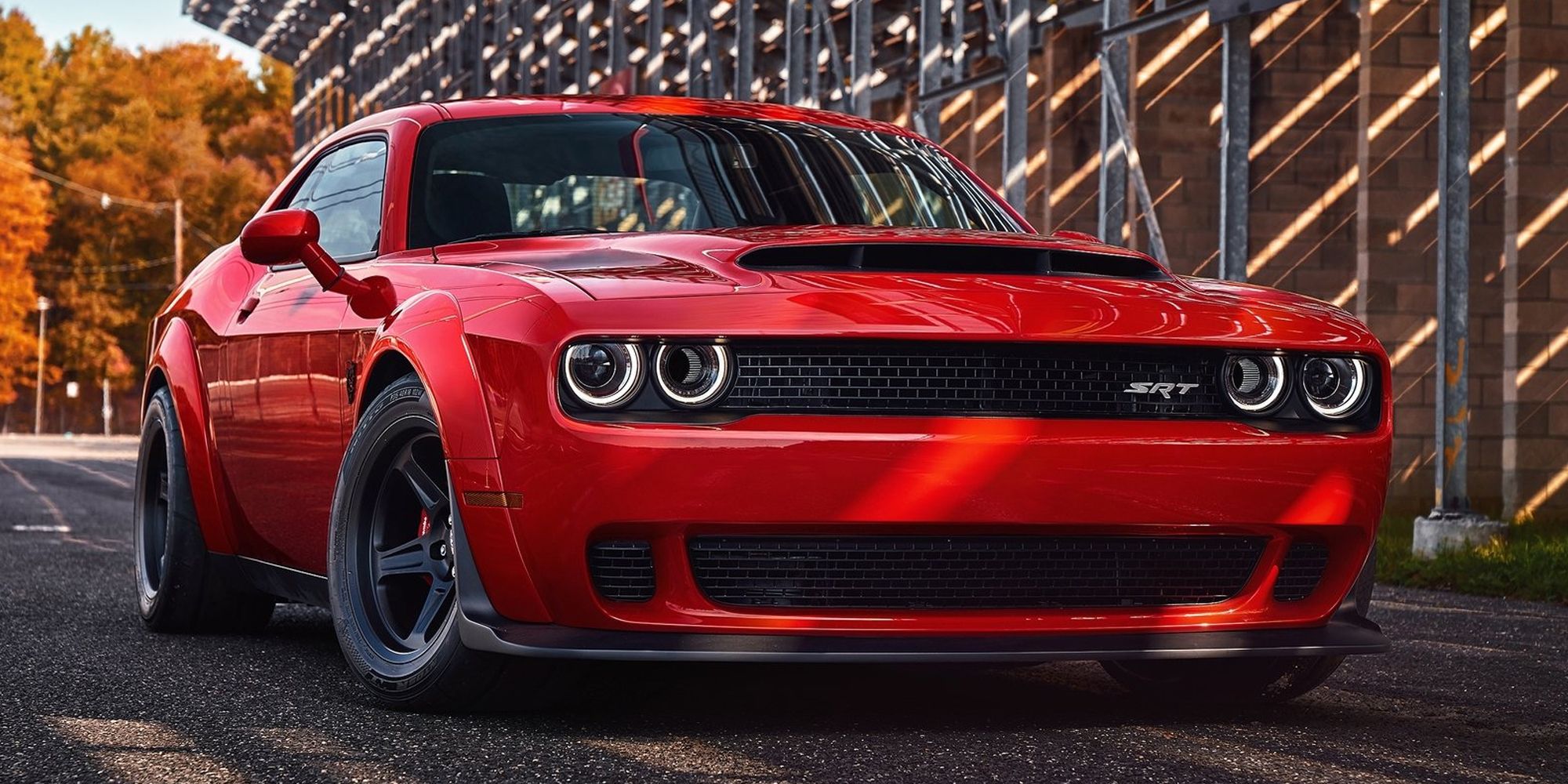The front of a red Dodge Demon