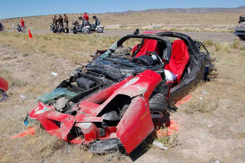 Ferrari Enzo wreck, front quarter view, desert