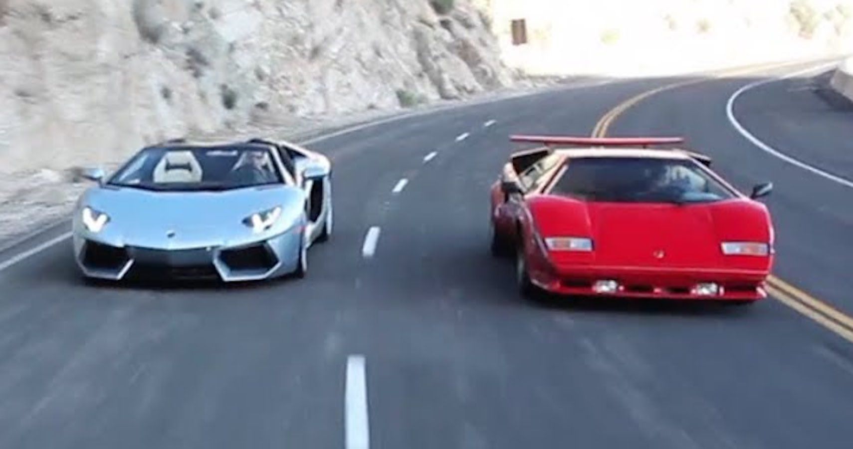 Silver Aventador driving with Red Countach