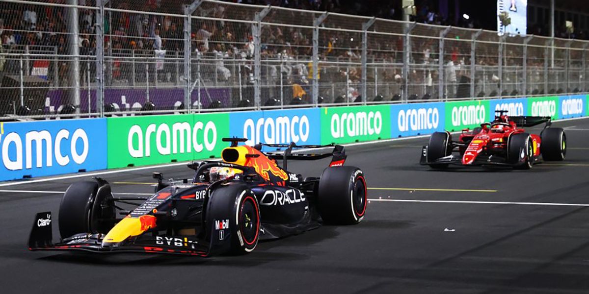 Max Verstappen Crosing The Finish Line To Win The Saudi Arabia GP 