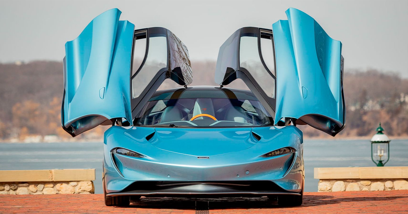 gloss steel blue 2020 McLaren Speedtail doors open 