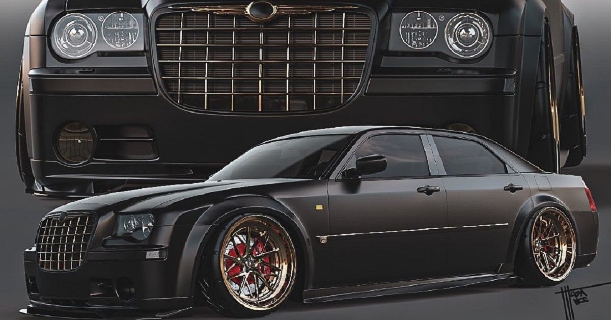 Modified Chrysler 300C render by Musartwork, front quarter view in black with front profile behind