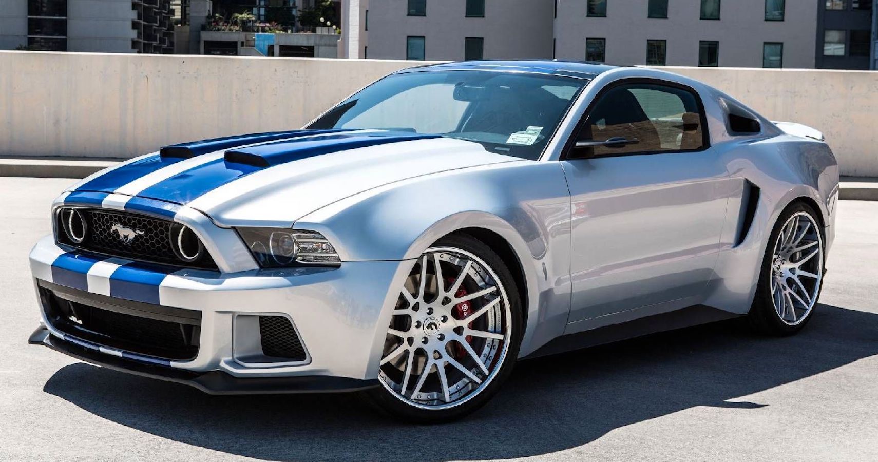 Silver Mustang with Blue Strips