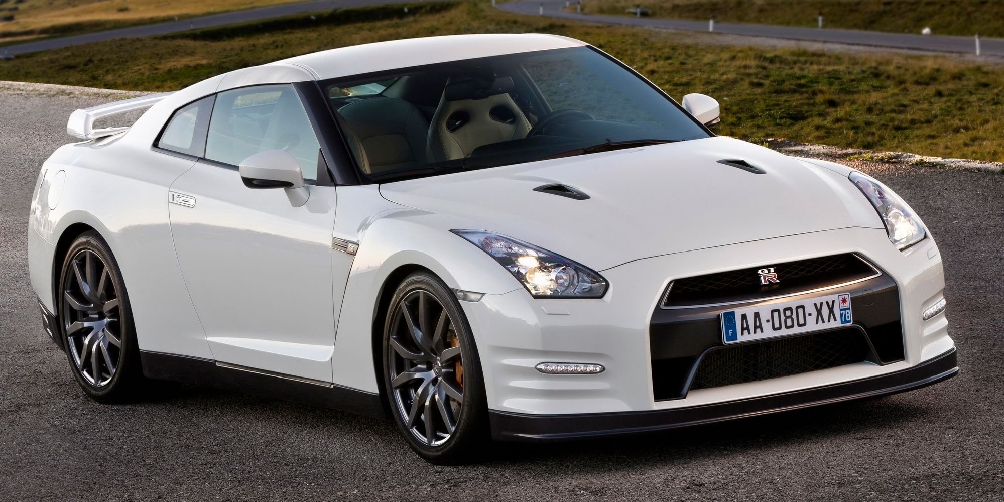 Front 3/4 view of a white R35 GTR Black Edition