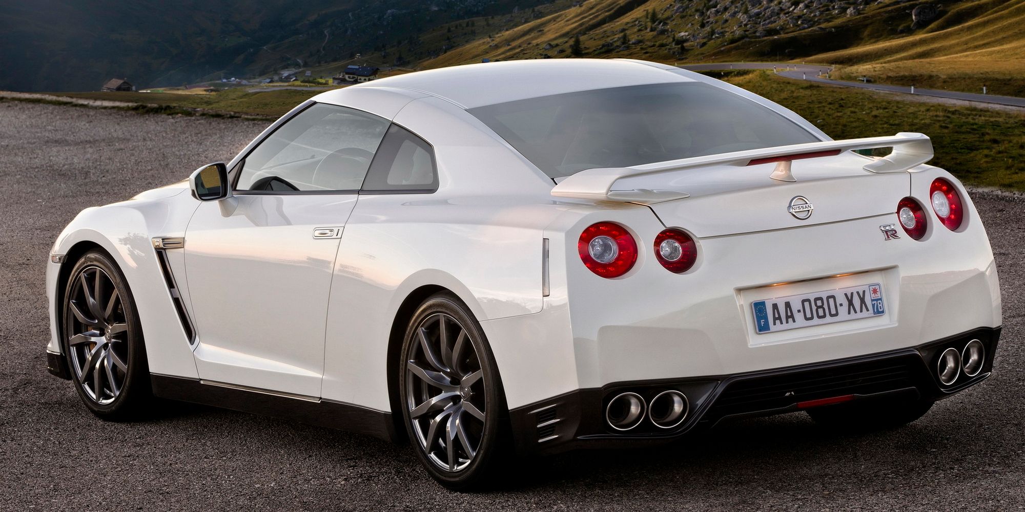 Rear 3/4 view of a white GTR R35 Black Edition