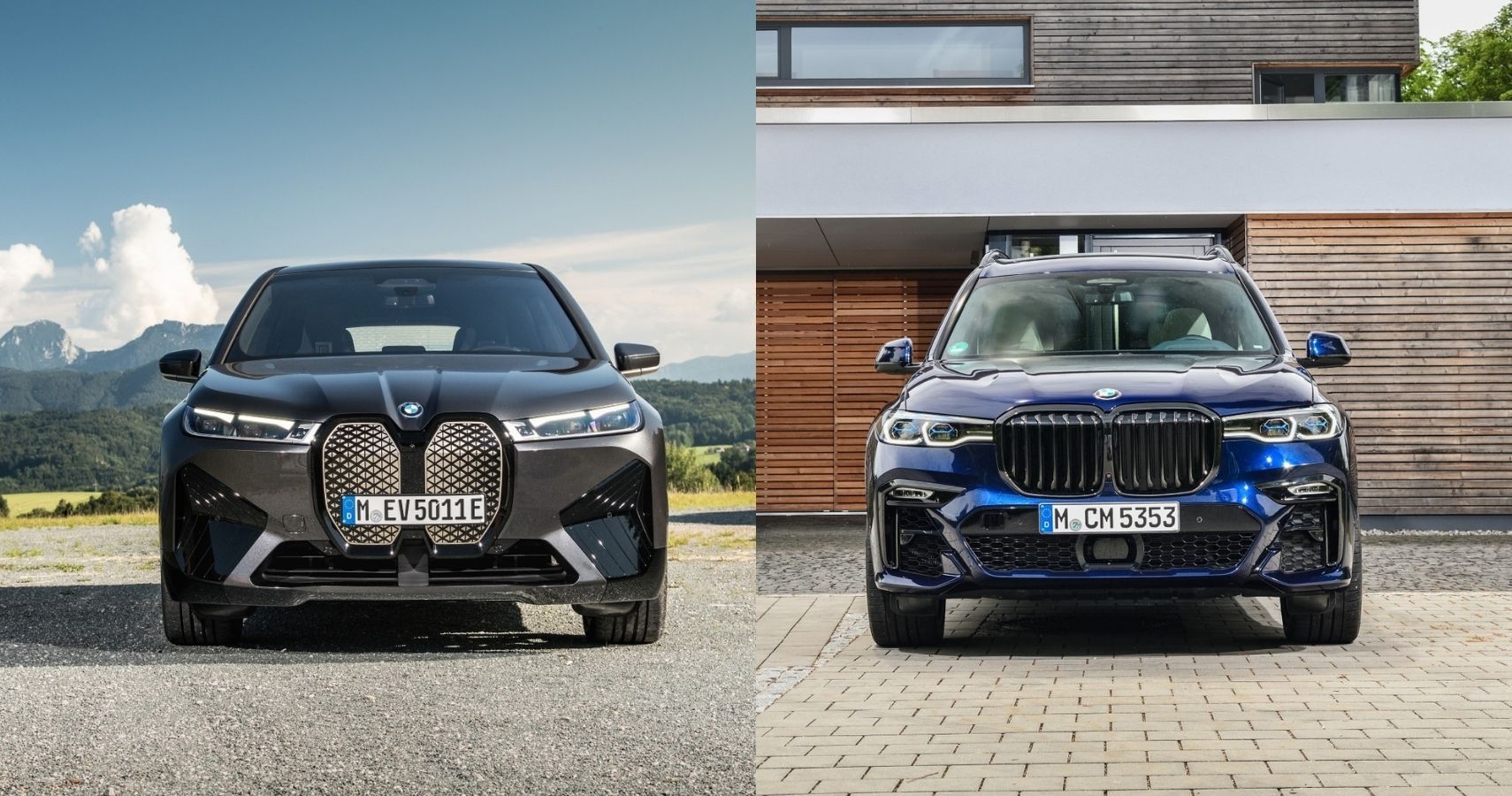 Comparación lado a lado de la fascia delantera BMW iX 50 y BMW X7 M50i