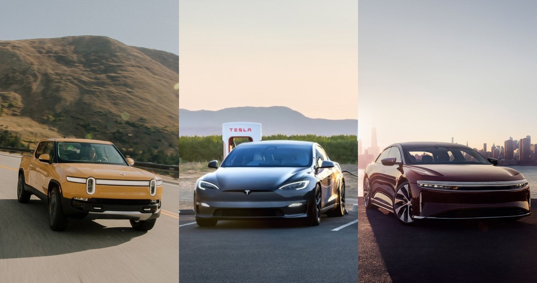 Rivian R1T, Tesla Model S, and Lucid Air side-by-side comparison
