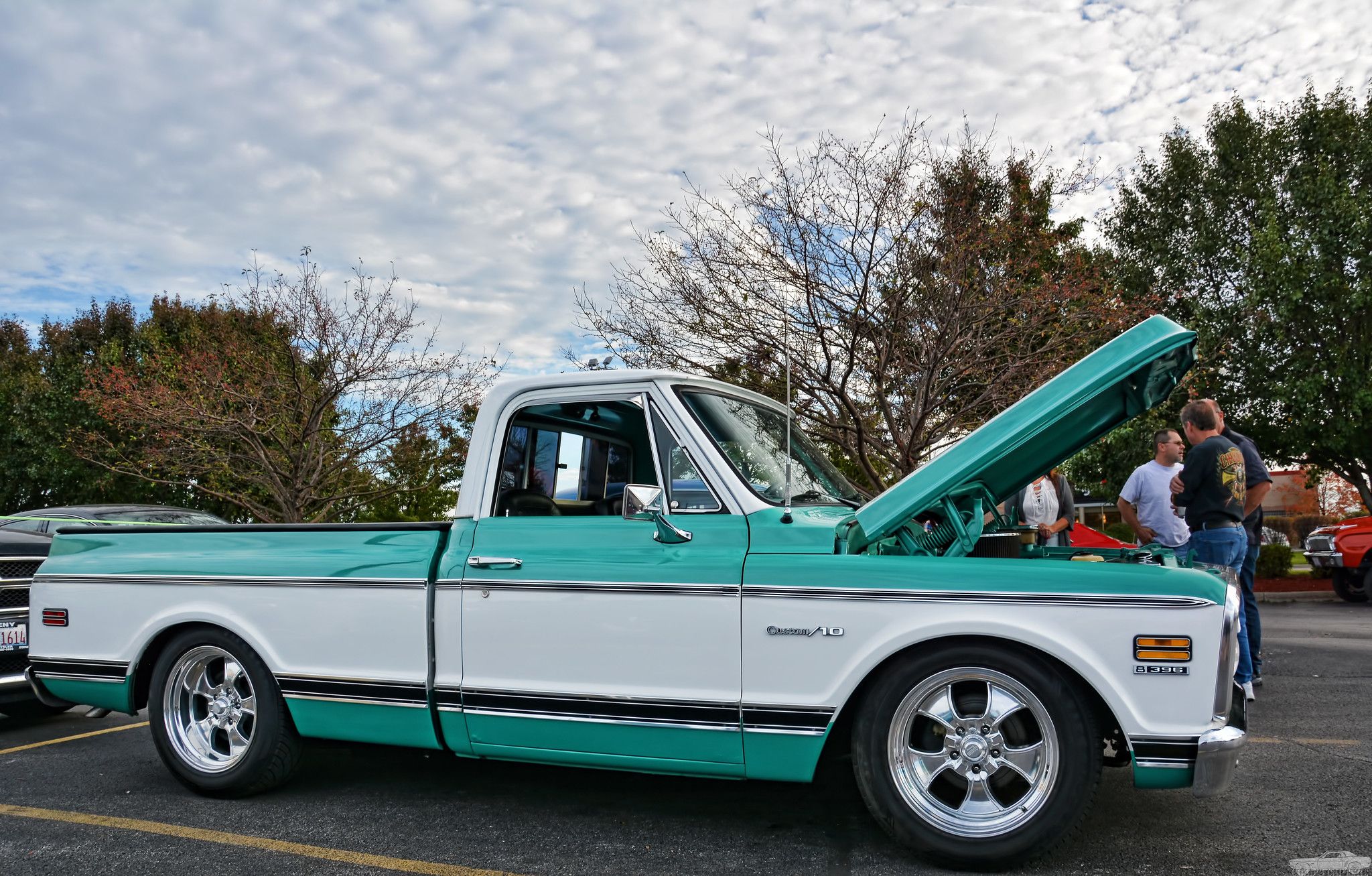 The 1972 Chevrolet C10 with the lifted hood.