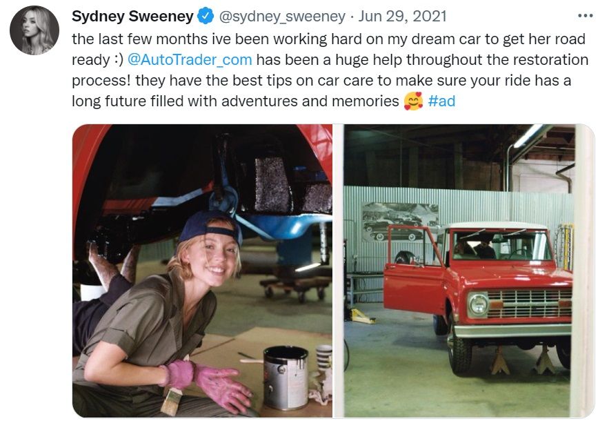 Sydney Sweeney's post about the Ford Bronco restoration.