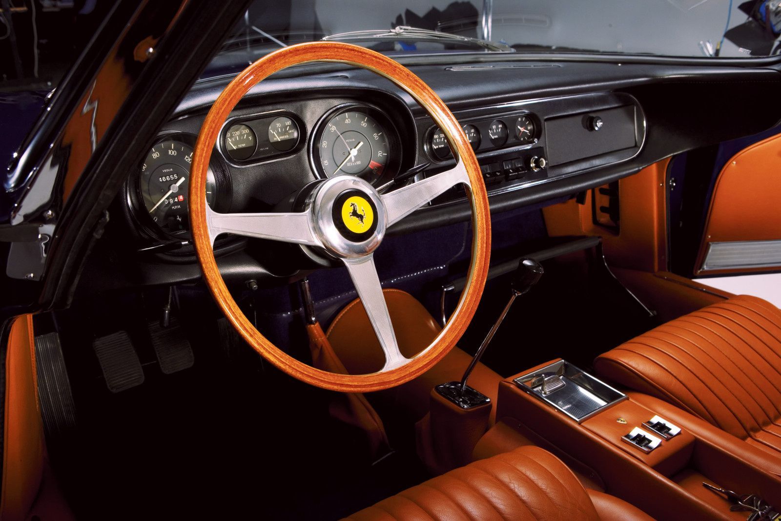 The interior of the 1967 Ferrari 275 GTB.