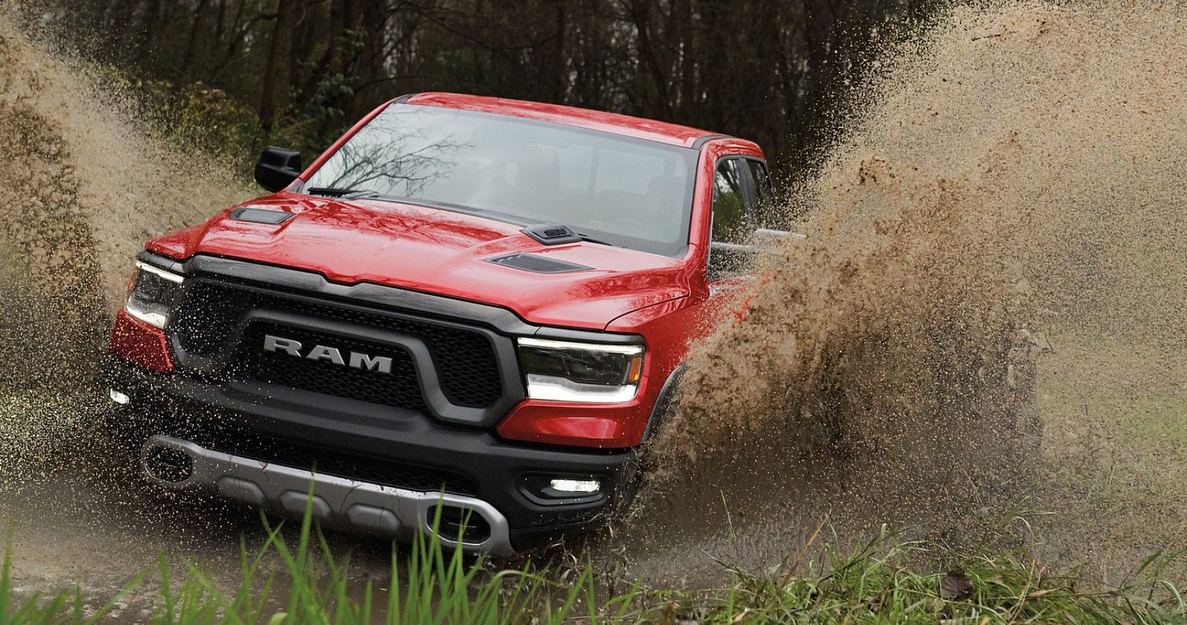 Ram 1500 Rebel in Red Front View Off-road