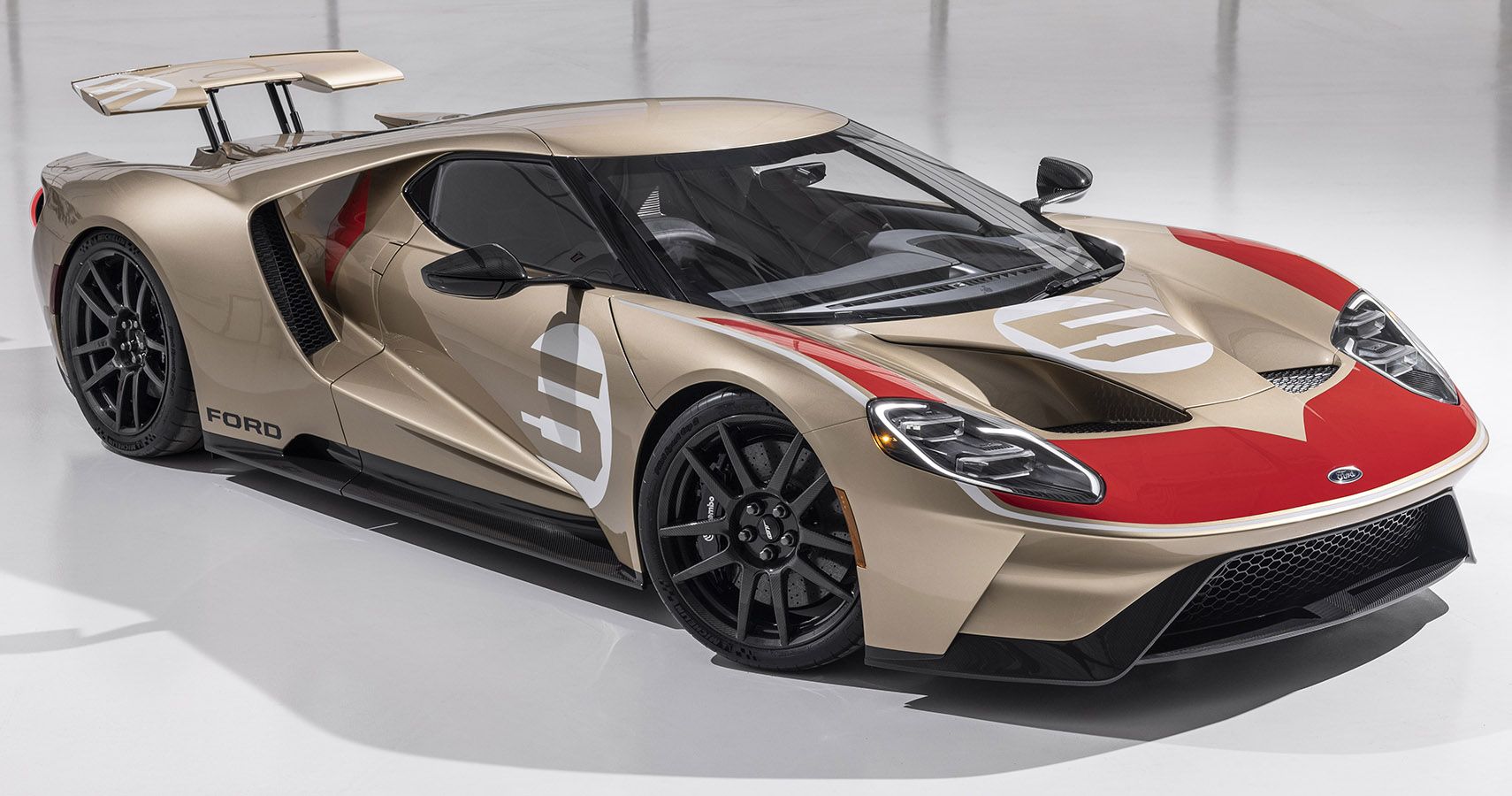 gold and red 2022 Ford GT Holman Moody Heritage Edition front view 