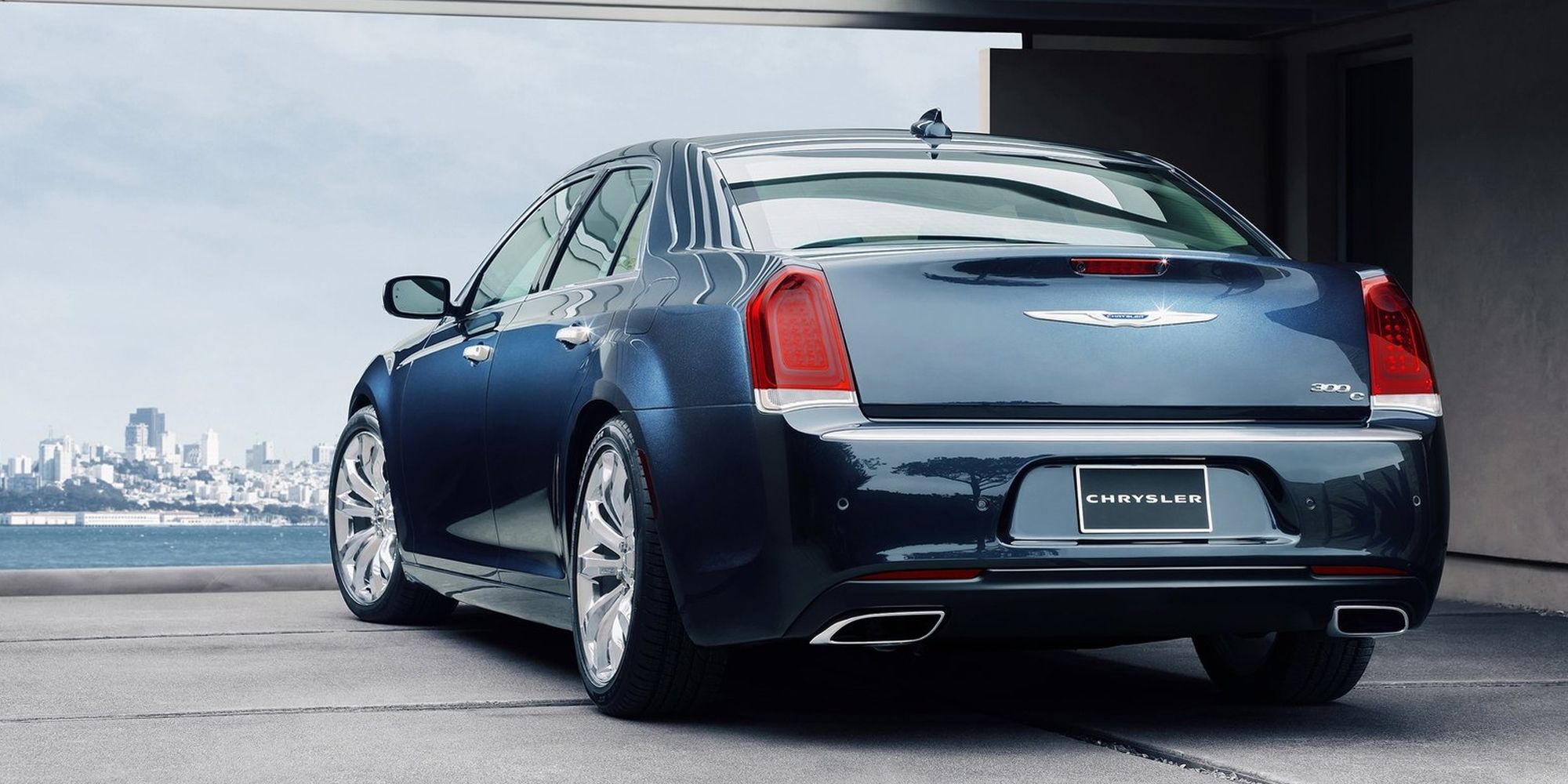The rear of a blue Chrysler 300