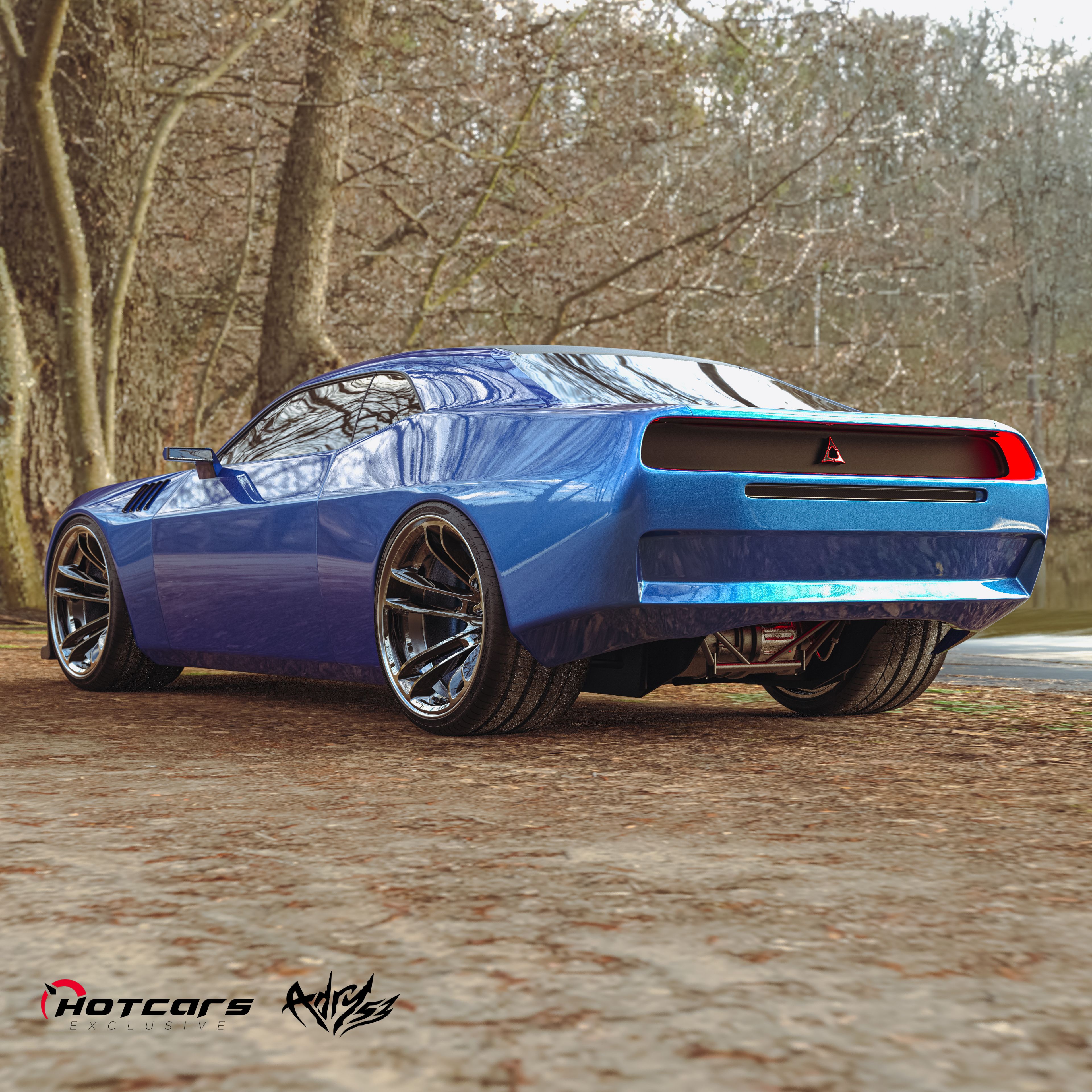 The rear of the eMuscle render finished in blue, in a coast environment