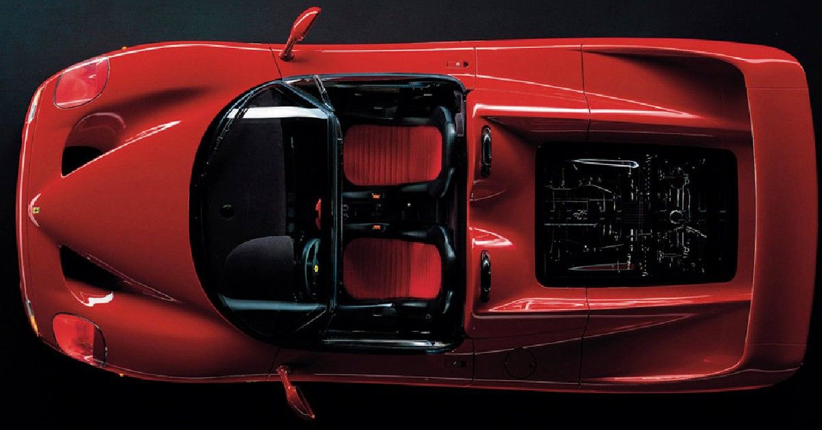 Ferrari F50, red, Bird's eye view, plain dim background