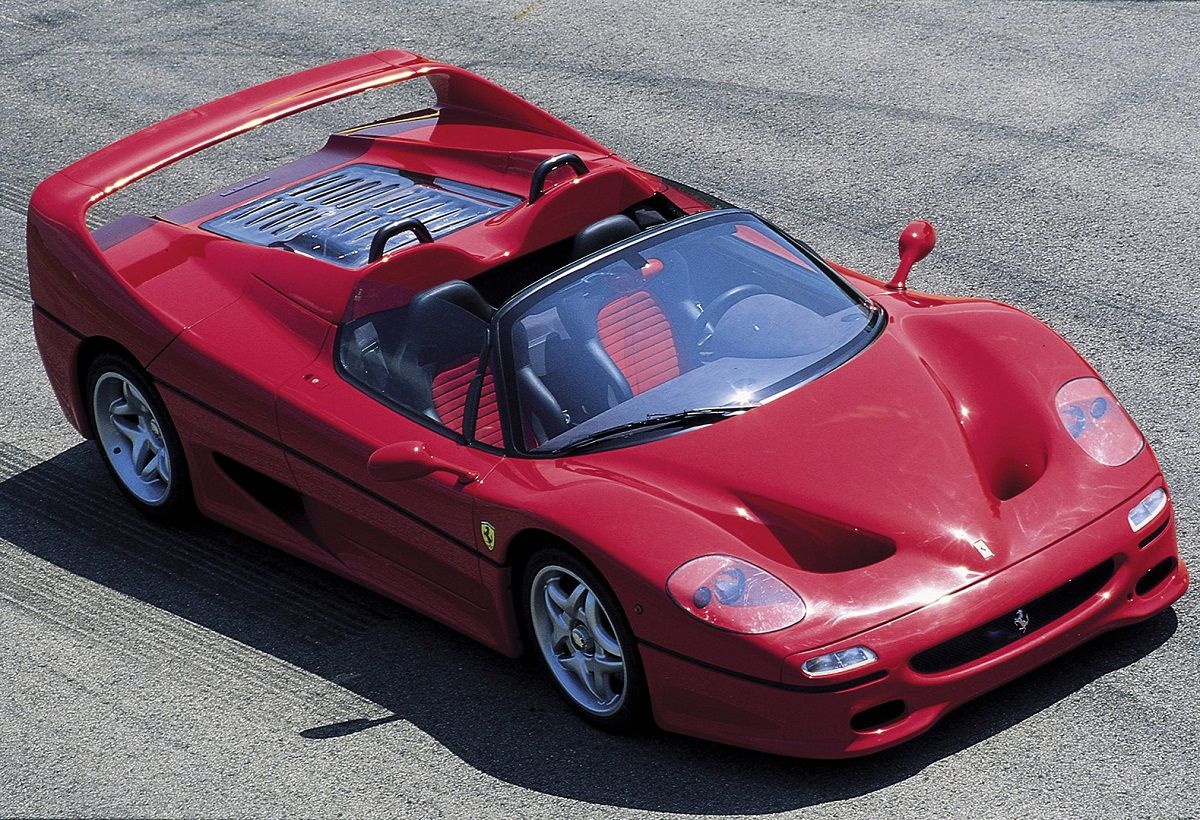 Ferrari F50, red, front quarter view from above, on asphalt