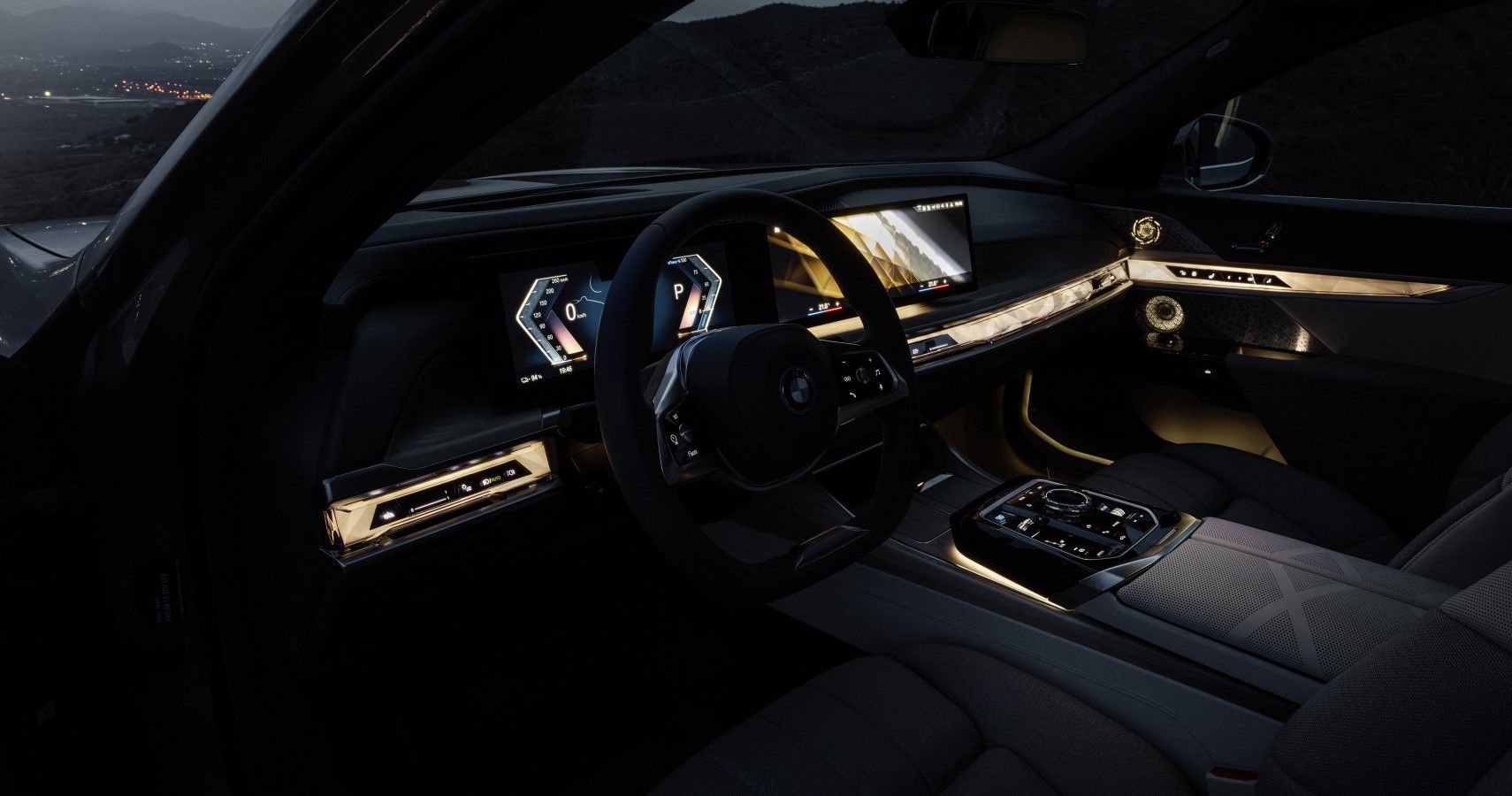 2023 BMW i7 interior with ambient lighting at night