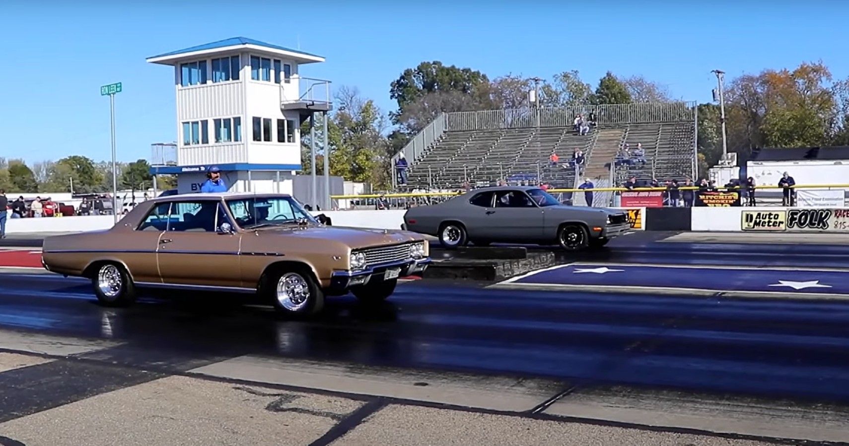1965 Buick Skylark and 1976 Plymouth Duster at the start line