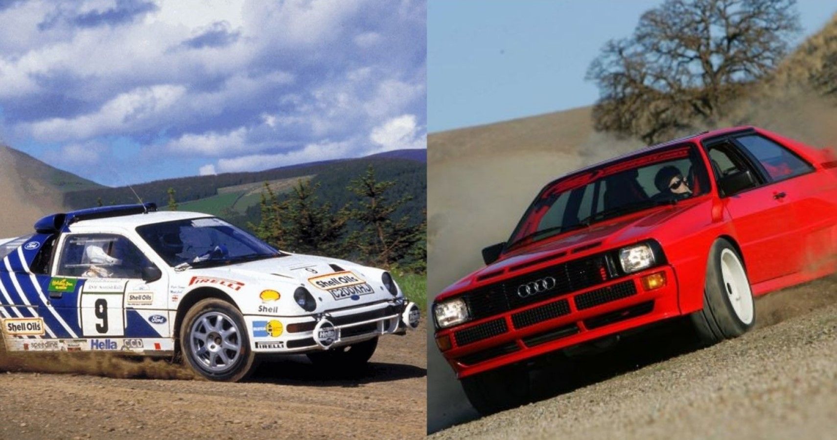 Ford RS200 and Audi Sport Quattro drifting in dirt side-by-side view