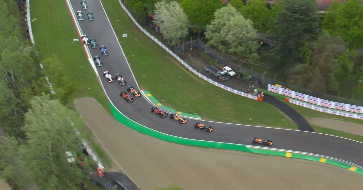 Formula 1 Emilia Romagna cars on circuit, aerial view