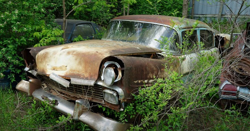 A rusting 1956 Chevrolet sedan