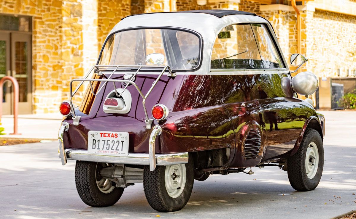 The One-Cylinder BMW Isetta 300 Minicar In Dark Red and White Paint 