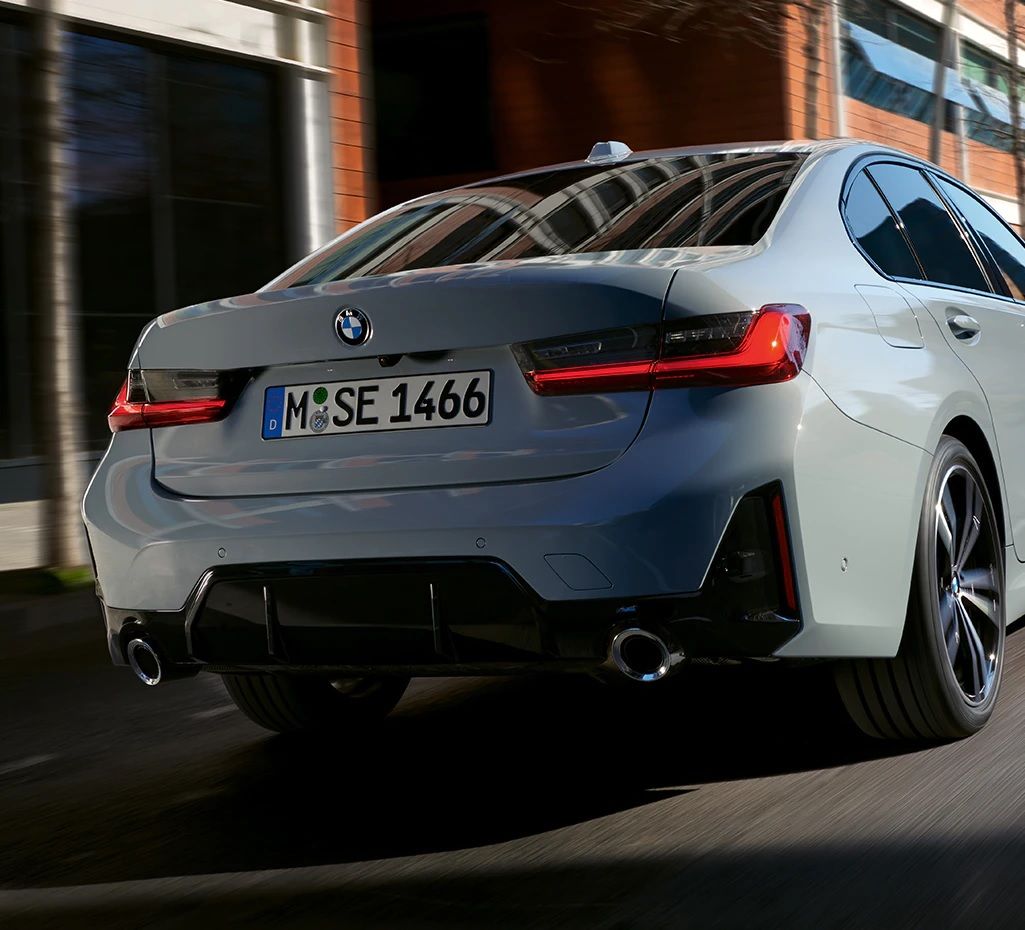 2023 BMW 3-Series Sedan, silver, rear quarter view close up