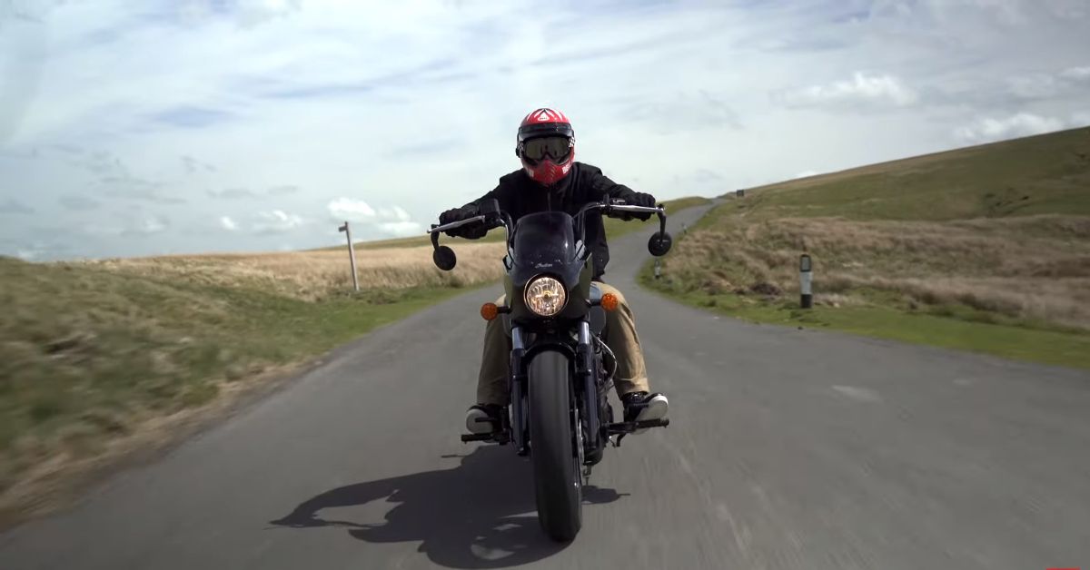 2022 Indian Scout riding with Chris back roads front view