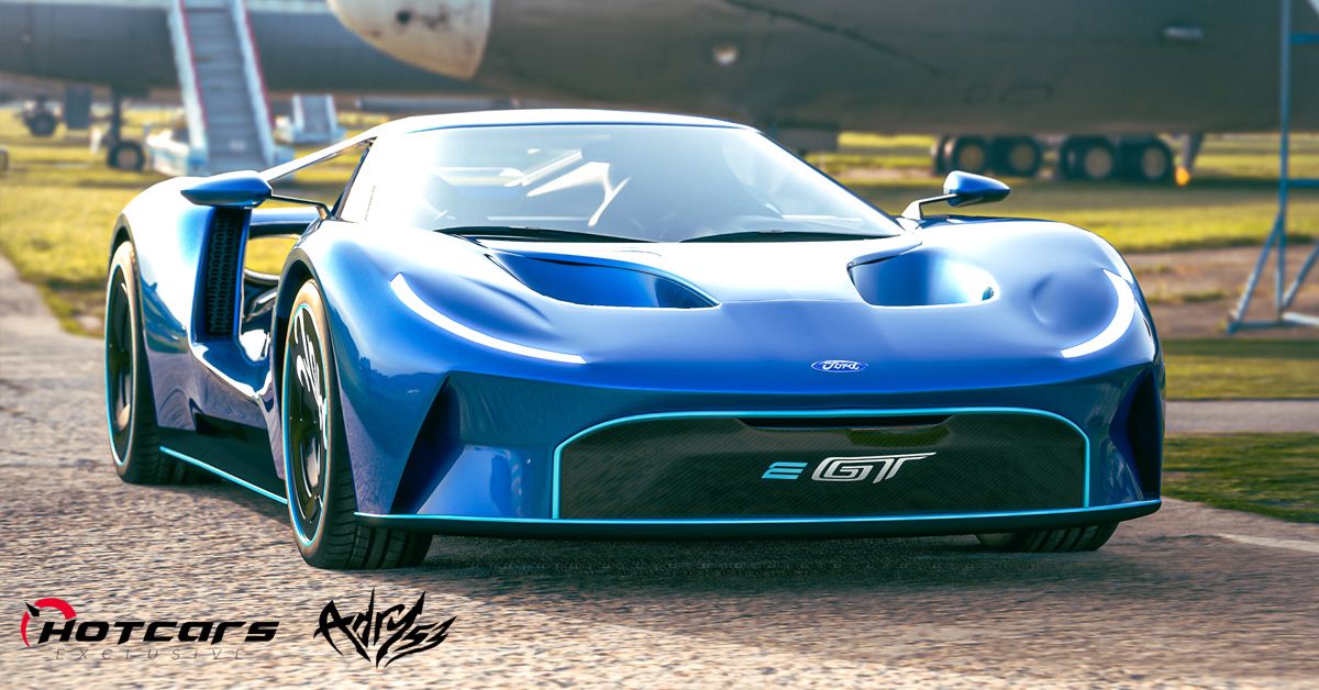 The front of the e-GT render in blue, at an airfield