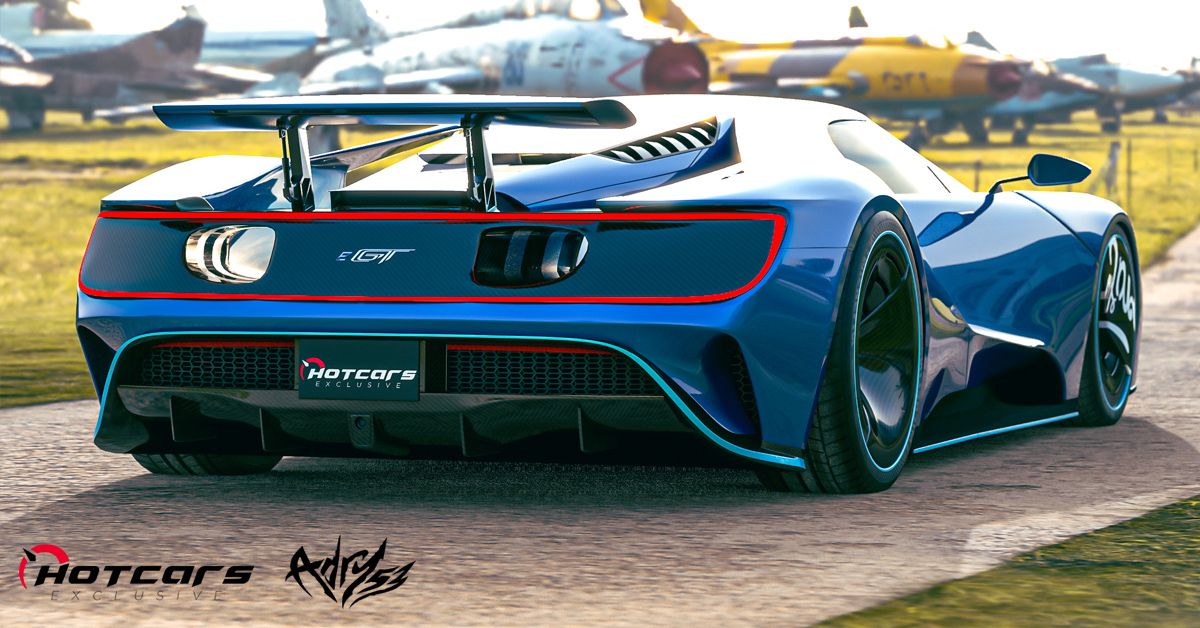 The rear of the electric GT render in blue at an air field