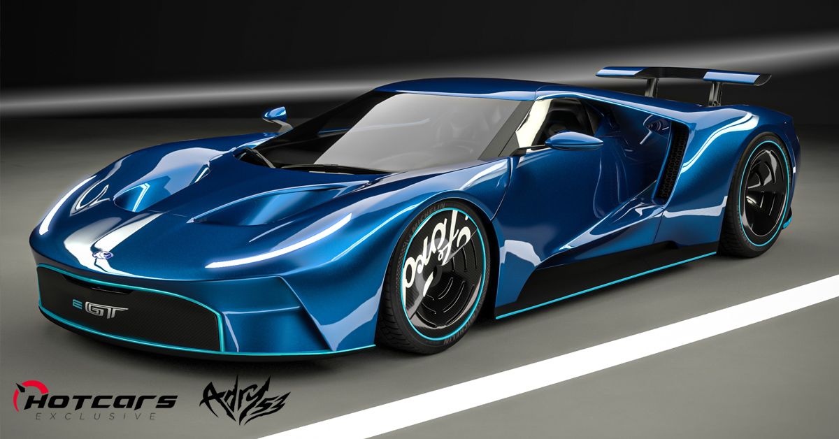 Front 3/4 view of the electric Ford GT render in blue black and gray street background