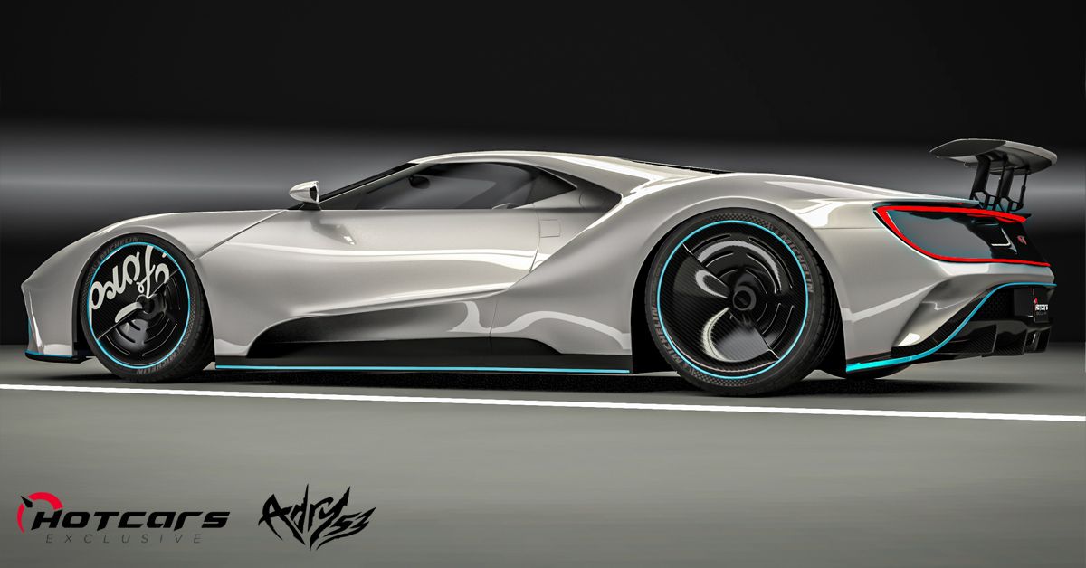 Rear 3/4 vierw of the electric Ford GT render in silver