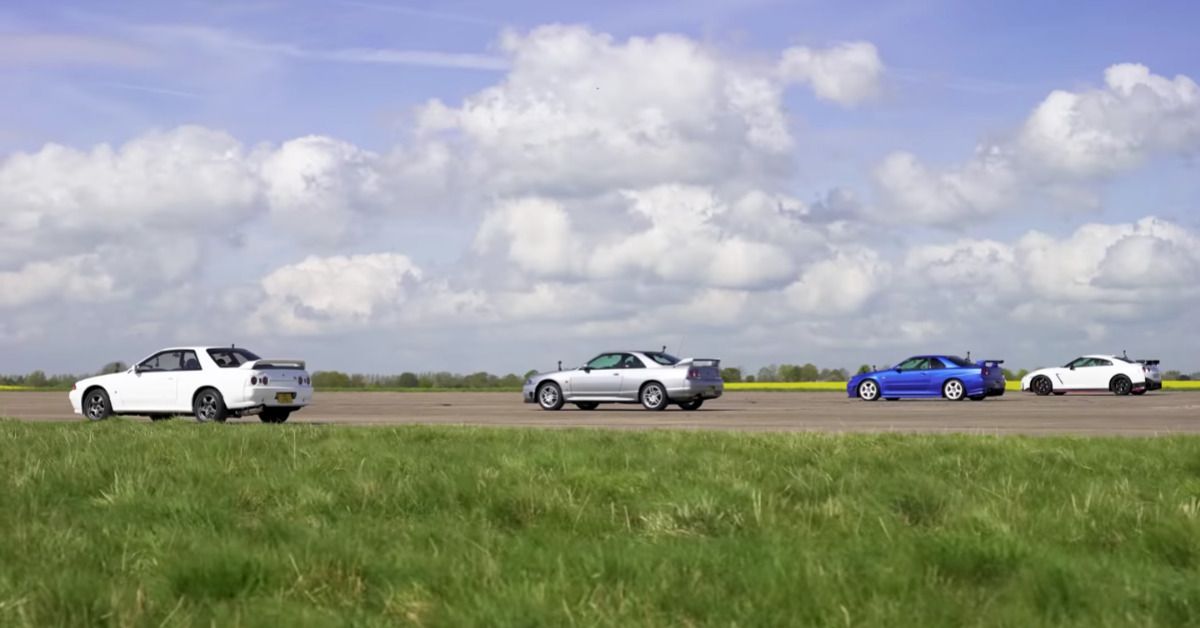 GT-R Drag Race, rear quarter view of all at starting line on airstrip
