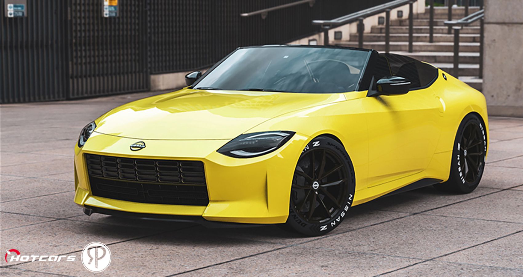 Front 3/4 view of the Z Roadster render in yellow, wheels turned