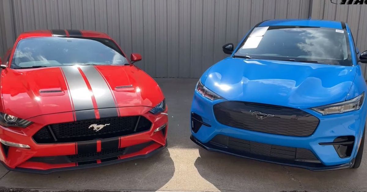RacerX Youtube Channel Mustang Mach E GT Grabber Blue next to 2020 Mustang Gt RED
