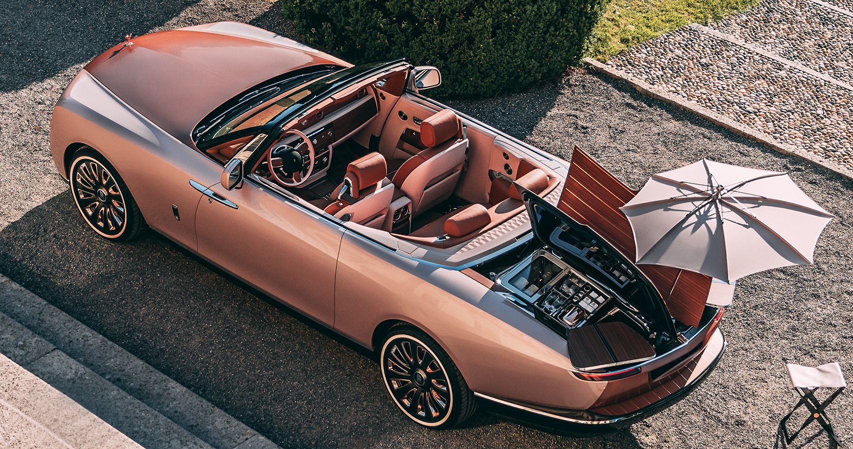 Rolls-Royce Boat Tail, Top View Rear Quarter, Including Open Rear Deck and Cabin, Gold