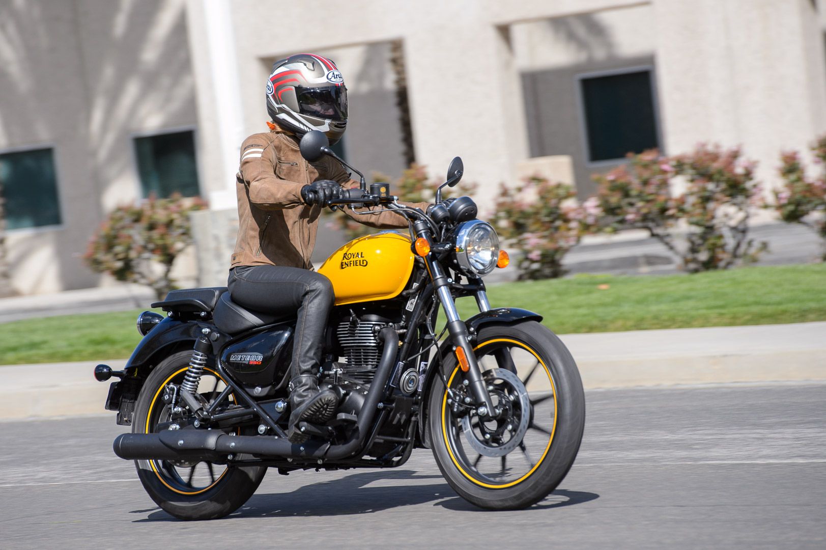 Yellow Royal Enfield Meteor 350 with rider