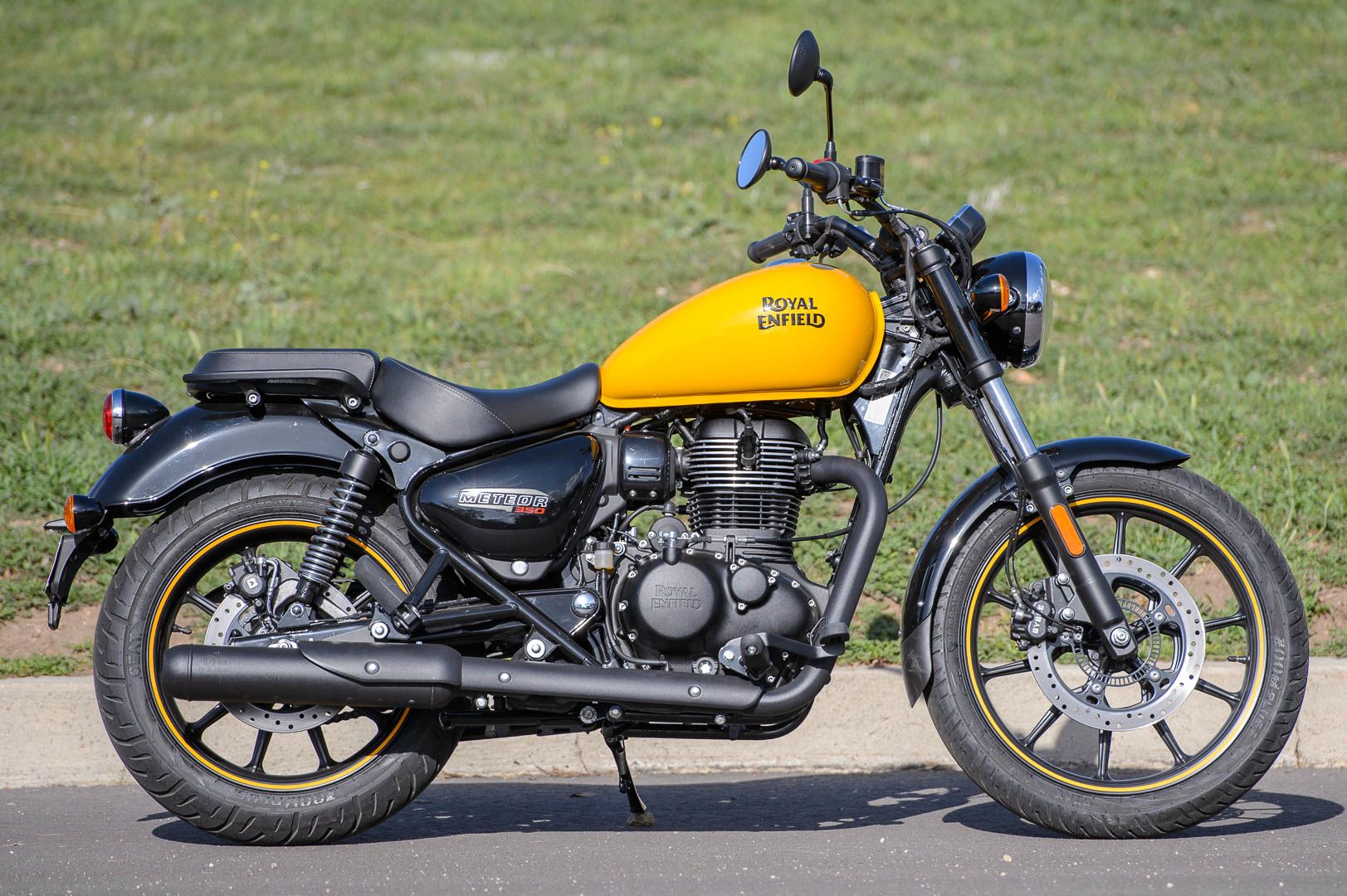 Yellow Royal Enfield Meteor 350, side view