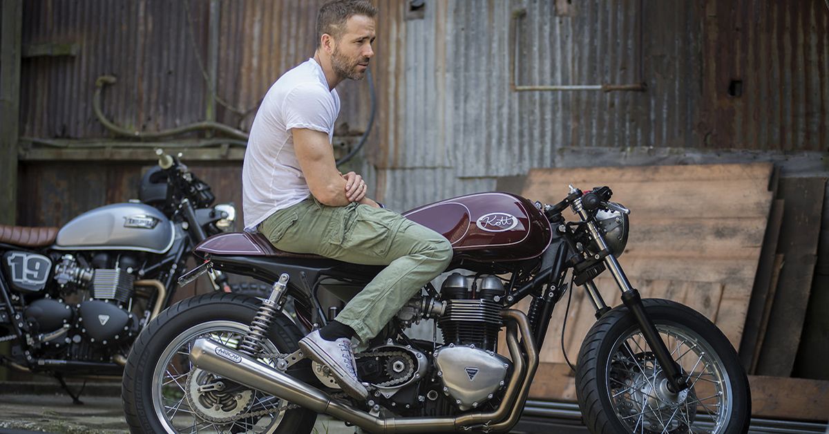 Ryan Reynolds On His Custom Triumph Thuxton Cafe Racer By Kott Motorcycles - Side Angle