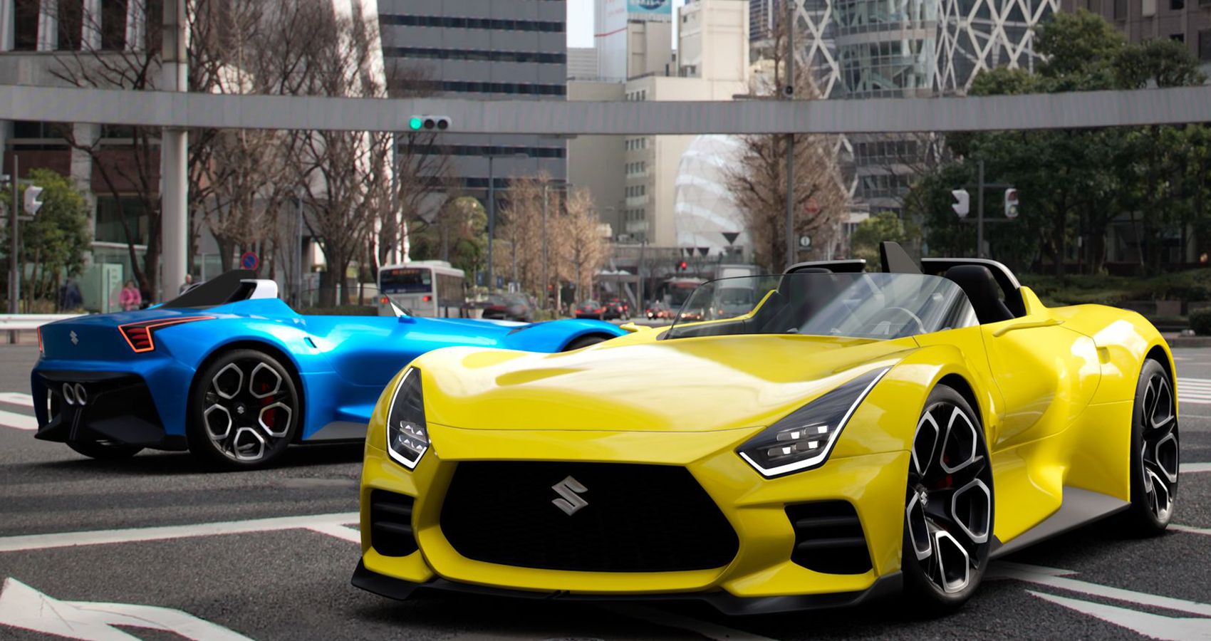 Suzuki Vision Gran Turismo concept in street, yellow, front quarter with blue example behind