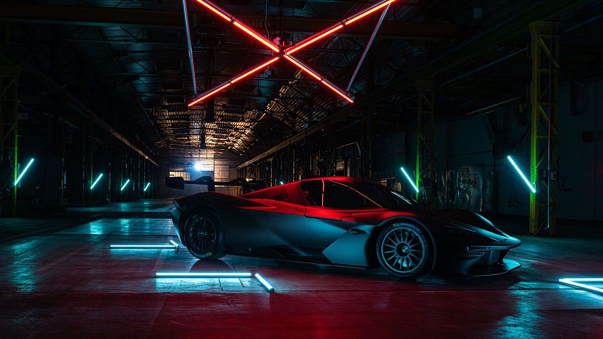 The 2020 KTM X-BOW GTX Concept Car in a modern garage.