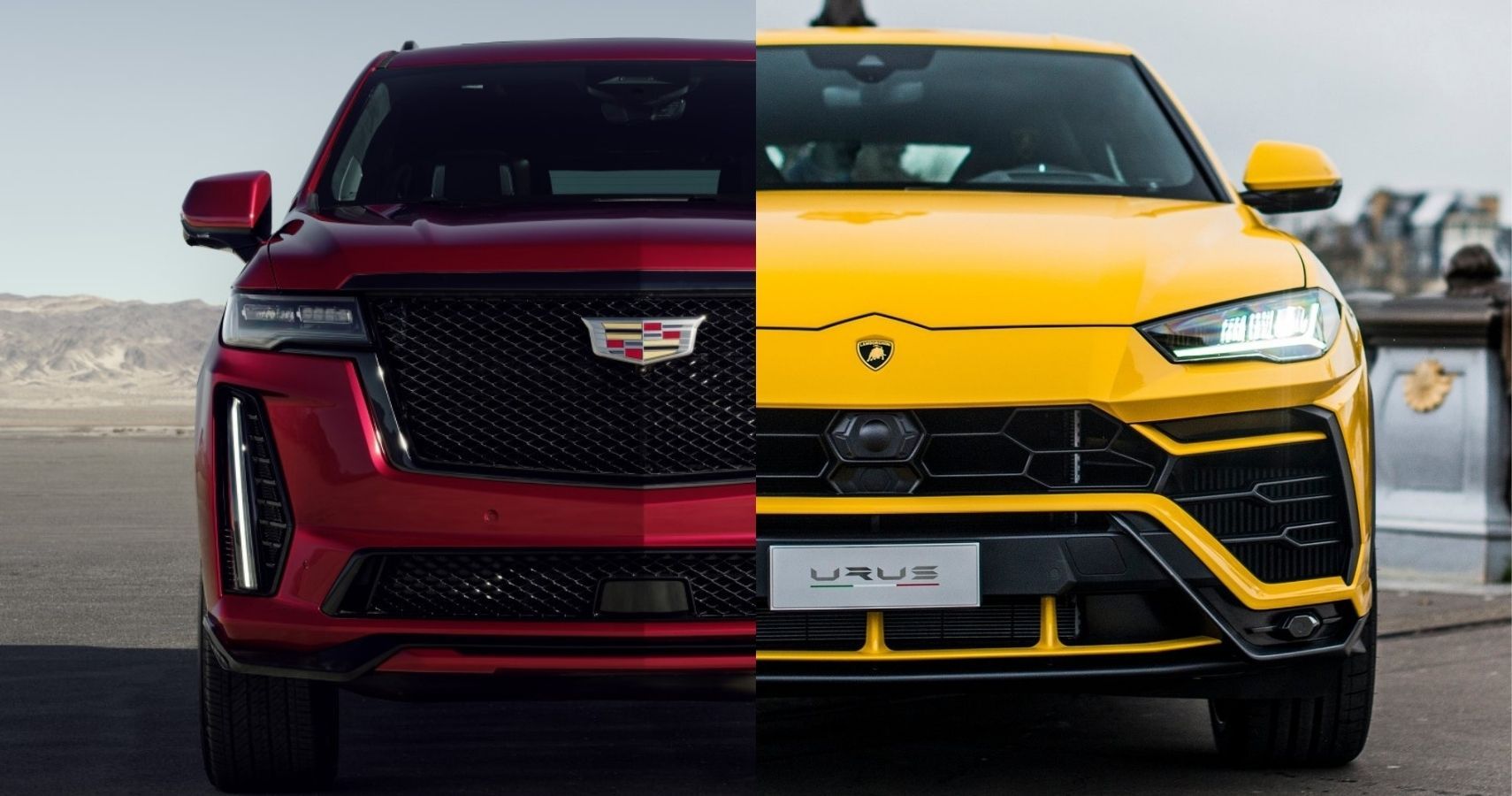 2023 Cadillac Escalade-V and Lamborghini Urus side-by-side front view comparison