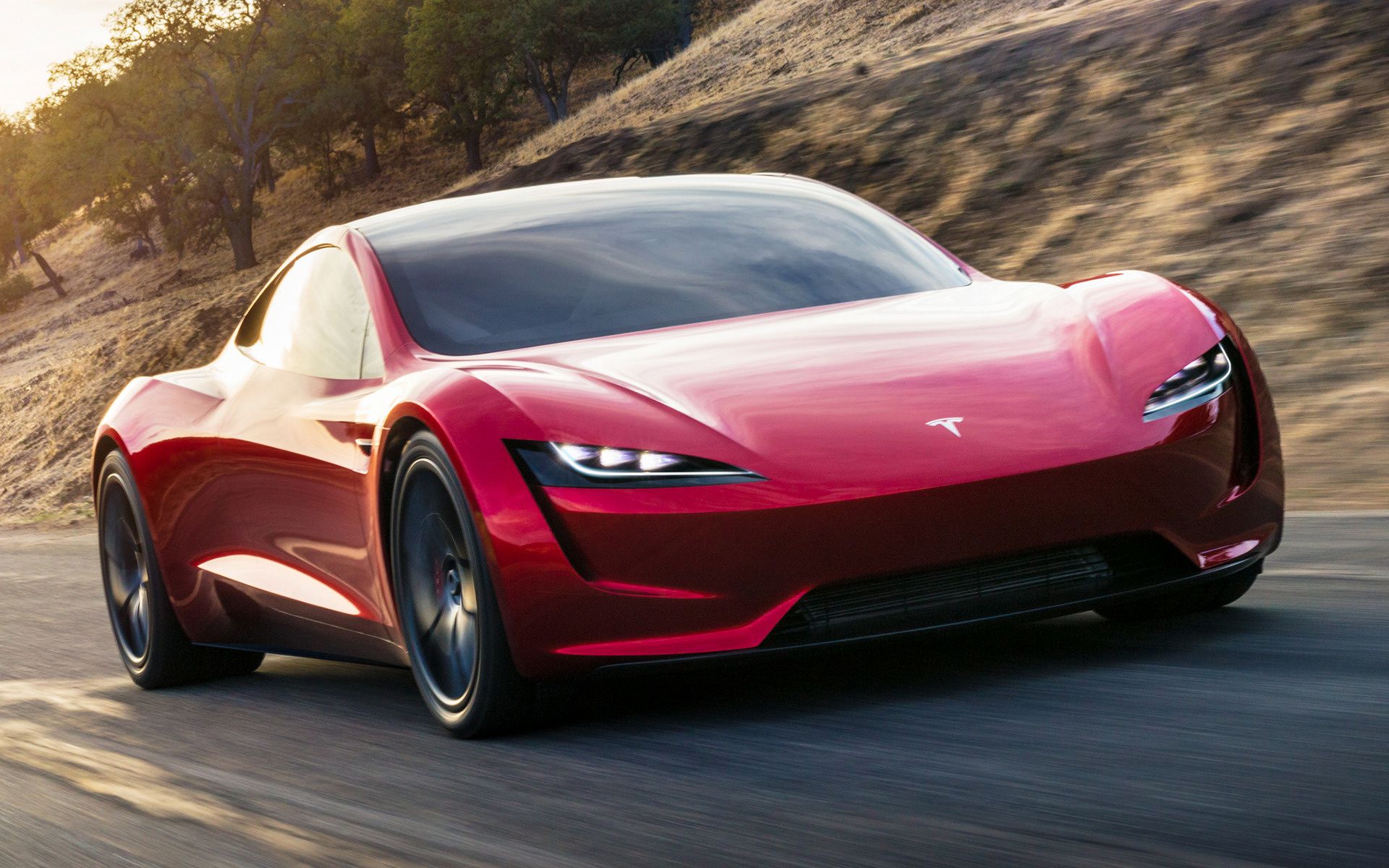 A look at the front of the 2023 Tesla Roadster while cruising the road. 