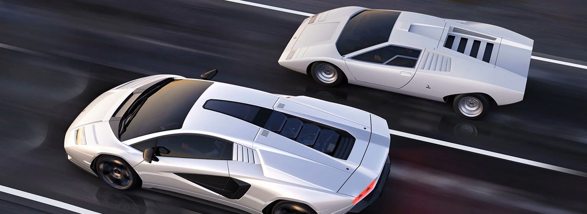 The first and the new Lamborghini Countach LPI 800-4 model race on the road. 