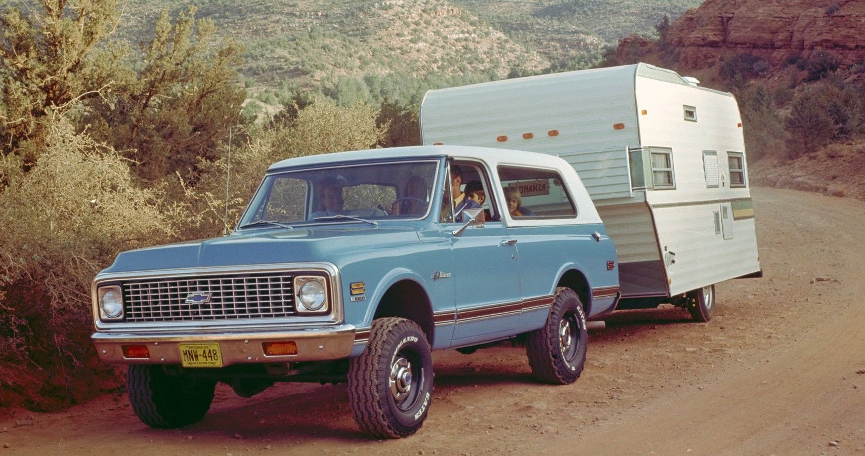 1969 Chevrolet K5 Blazer 4x4 towing a motorhome