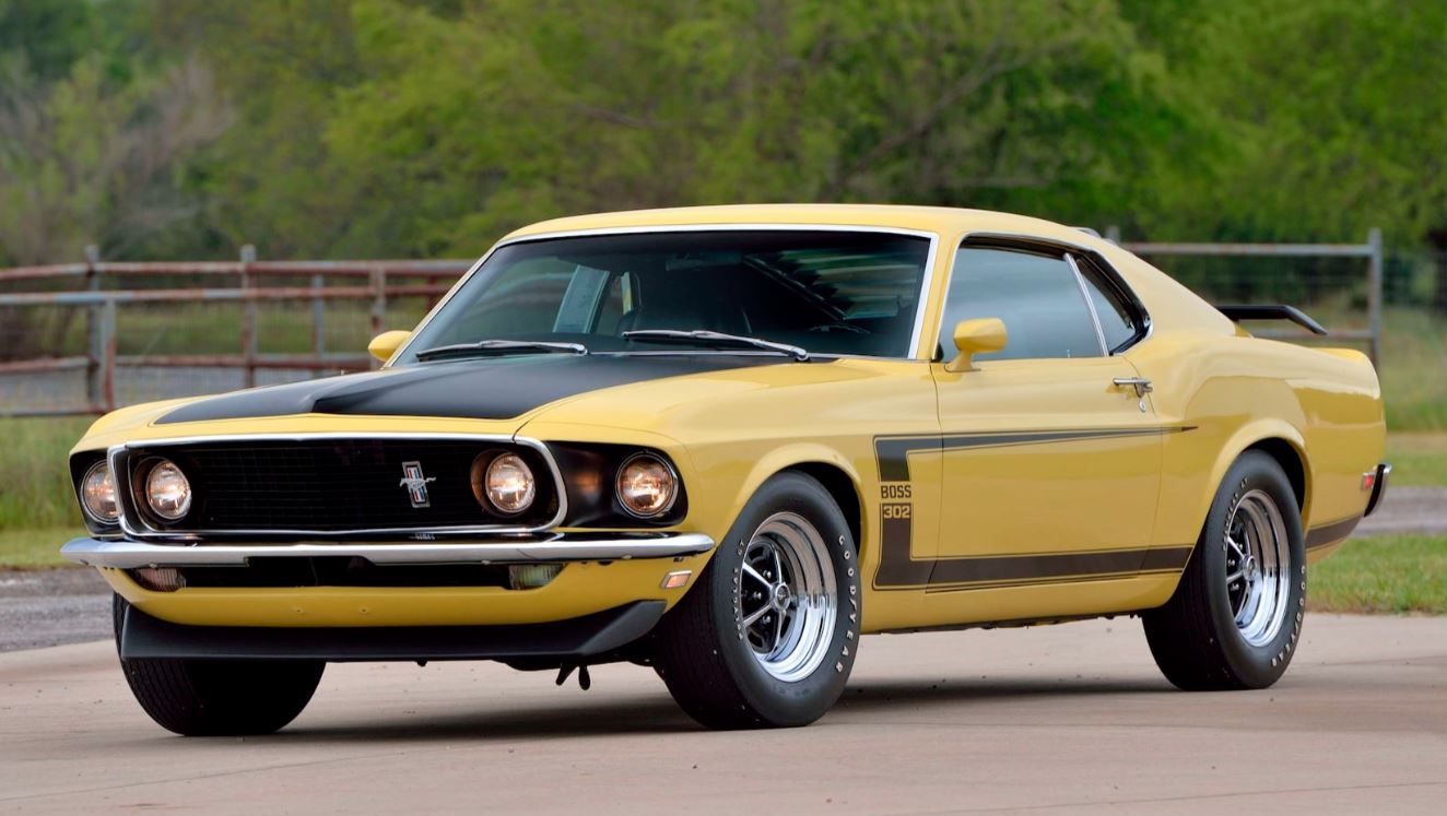 Yellow 1969 Mustang Boss 302 - Front Right Angle