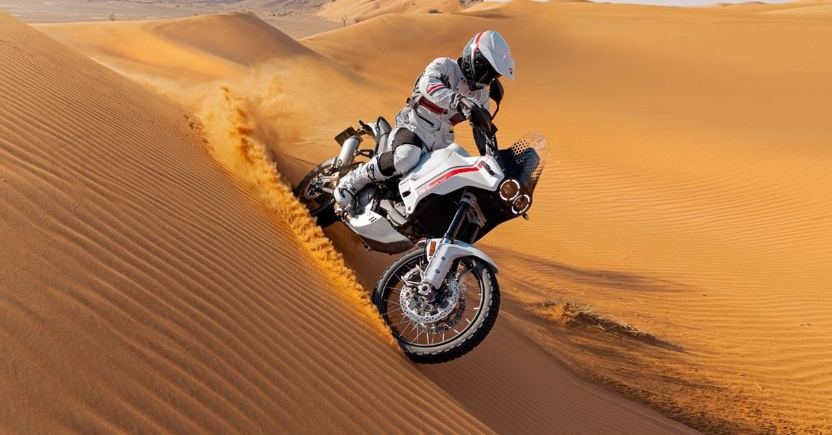 2022 Ducati DesertX, front quarter view in desert