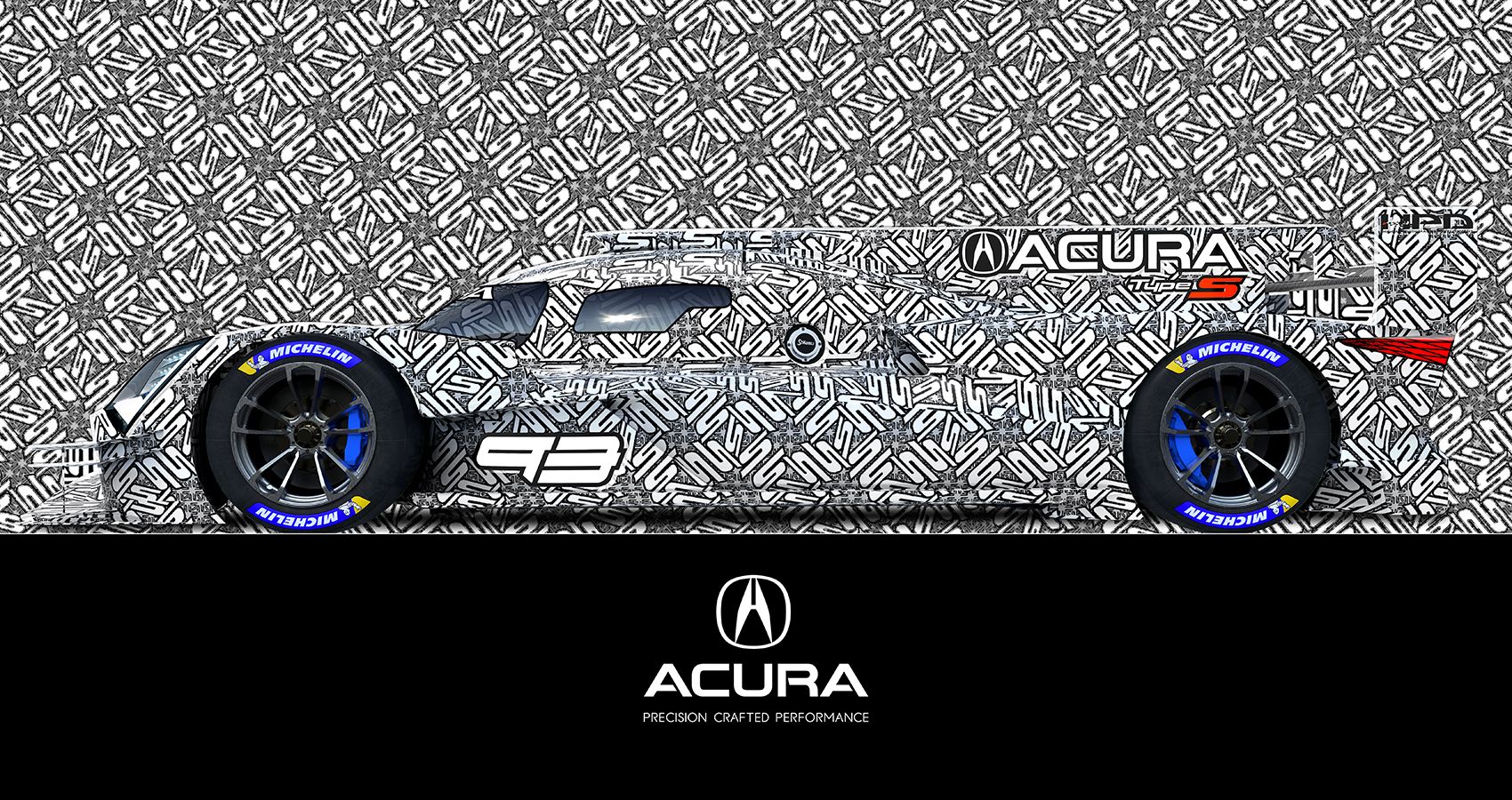 Acura ARX-06 LMDh side view, black and white camouflage, black and white background