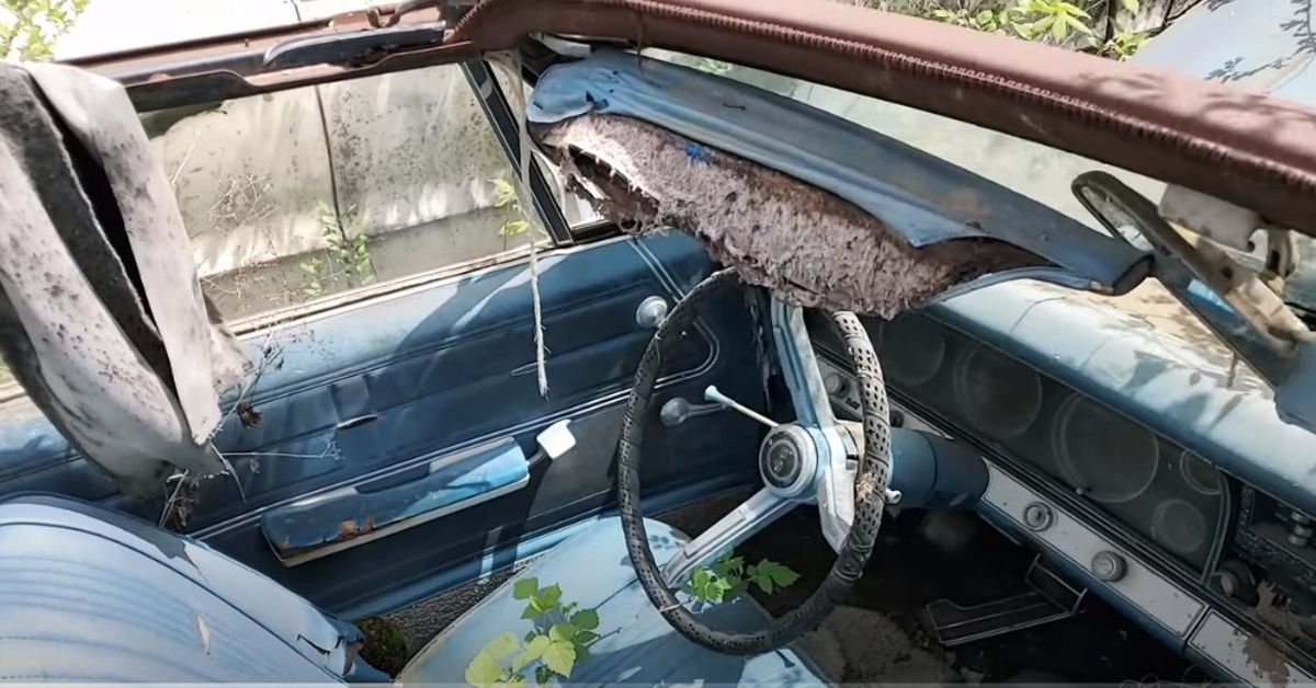 Auto Archaeology YouTube Channel 1967 Chevy Impala SS convertible junkyard inside view