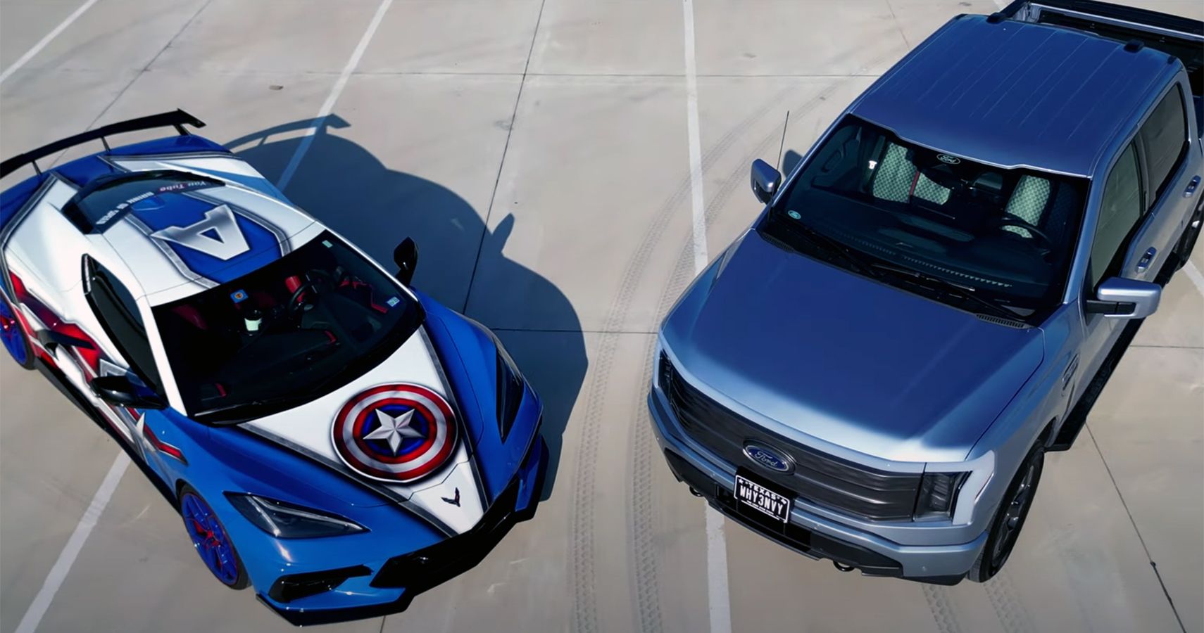 2020 Chevrolet Corvette C08 and 2022 Ford F-150 Lightning top view